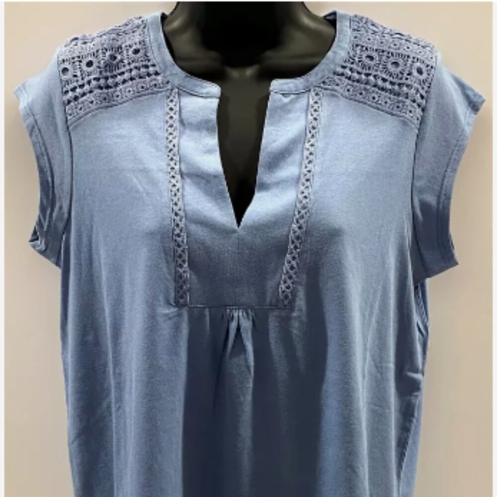 Orvis Anna Crochet Top Blue Cap Sleeve Split V-Neck Lace Back Blouse Small NEW